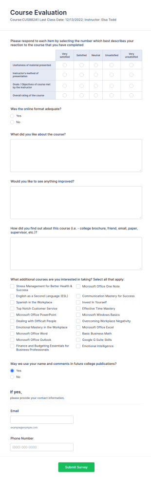 College Course Evaluation Form Template