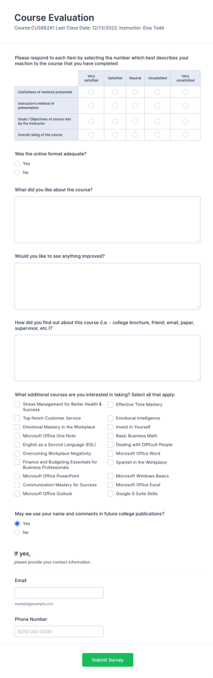 College Course Evaluation Form Template