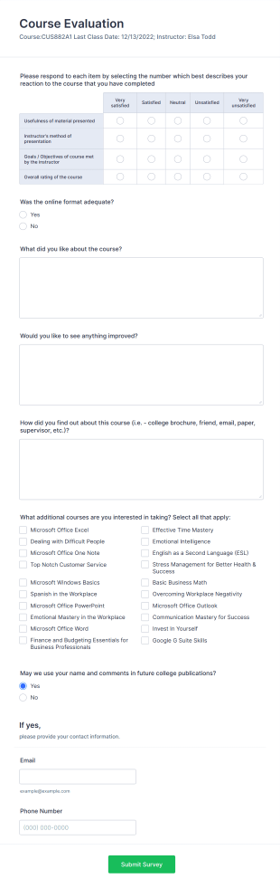 College Course Evaluation Form Template