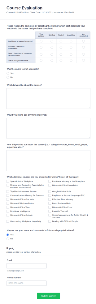 College Course Evaluation Form Template