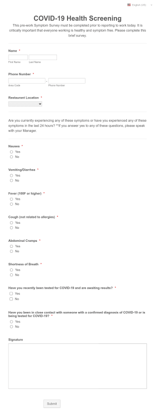 TEMPLATE COVID 19 Health Screening Daily Form Template