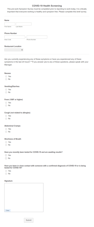TEMPLATE COVID 19 Health Screening Daily