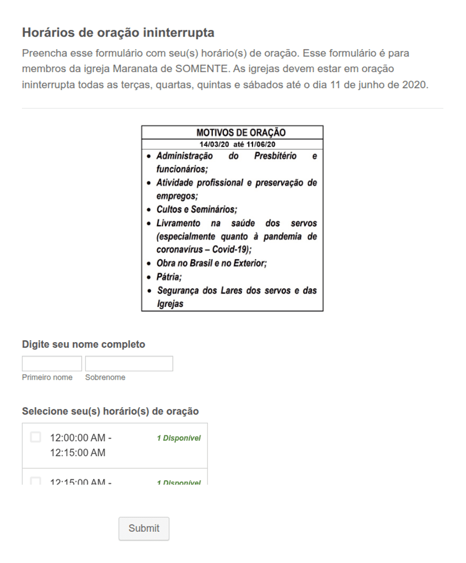 Template de Horários de oração ininterrupta | Jotform
