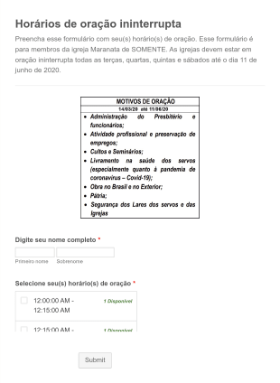 Template De Horários De Oração Ininterrupta Form Template