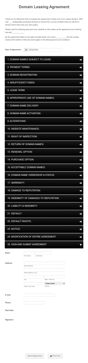 Domain Leasing Application Form Template