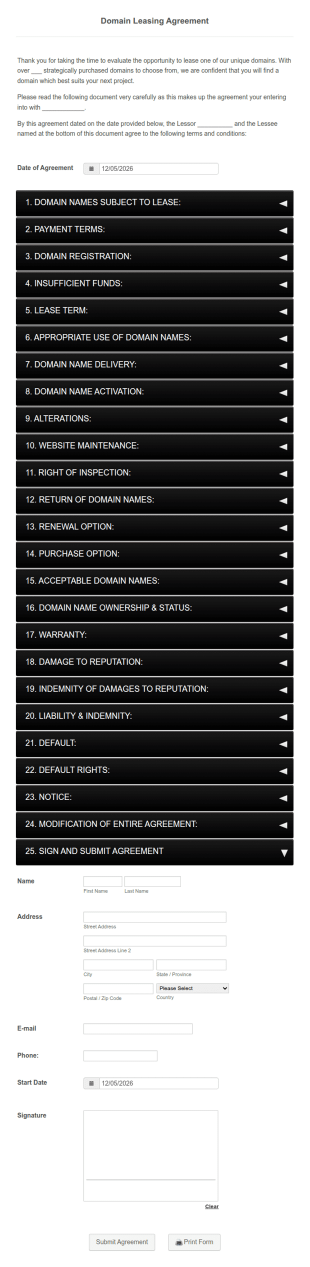 Domain Leasing Application Form Template