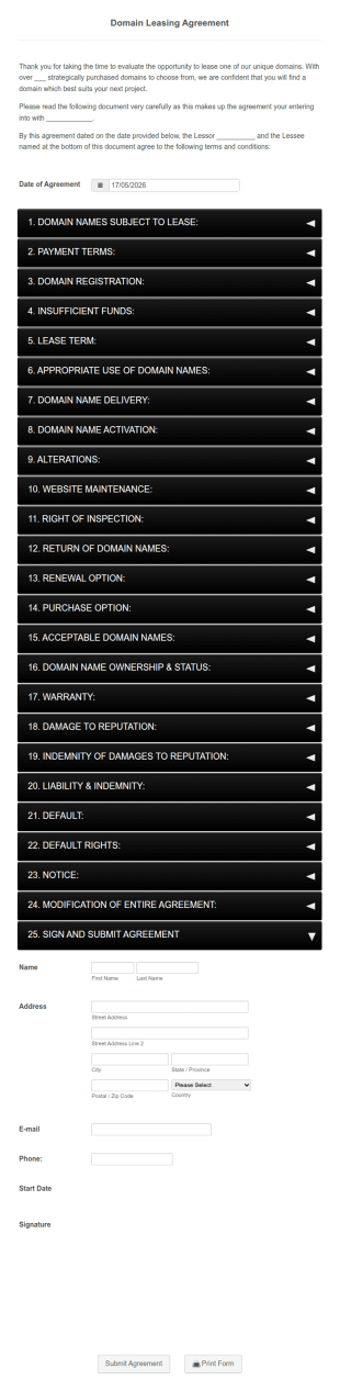 Domain Leasing Application Form Template