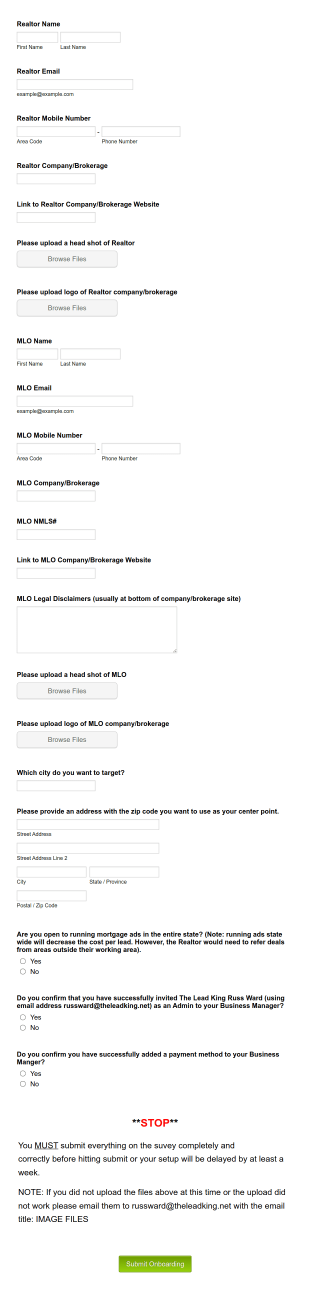 TEMPLATE Of RealtorMLO Onboarding Form Template
