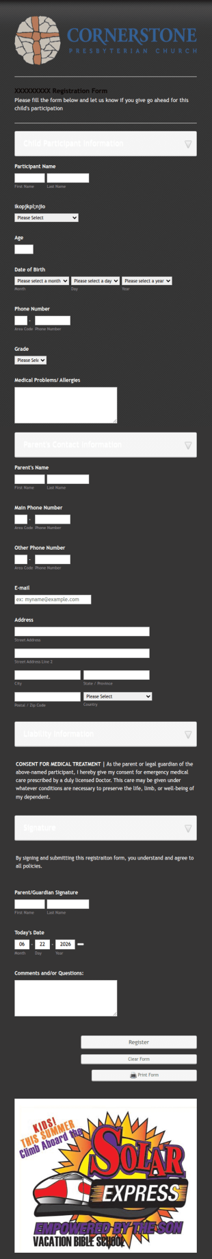Church School Registration Form Template