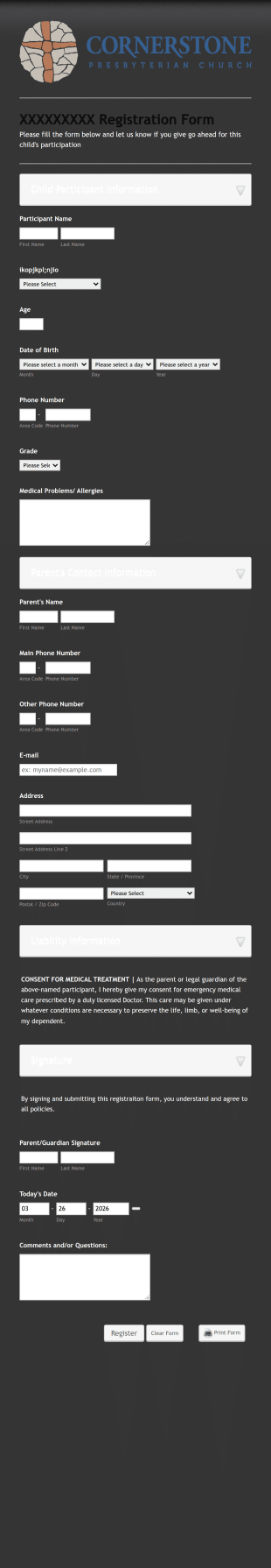 Church School Registration Form Template