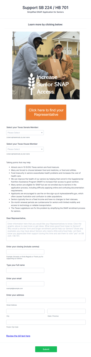 Support SB 224 HB701 For Texas Seniors Form Template
