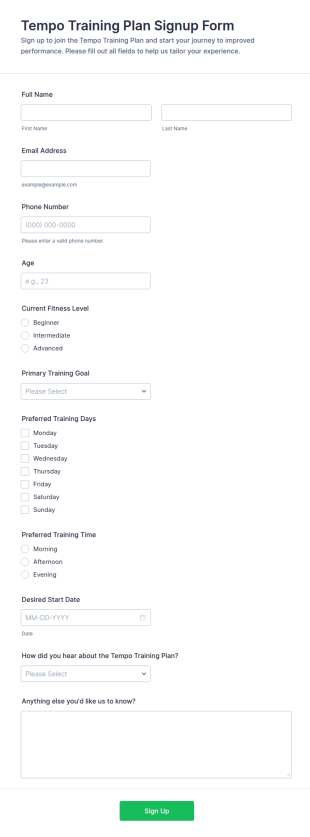 Tempo Training Plan Signup Form Template