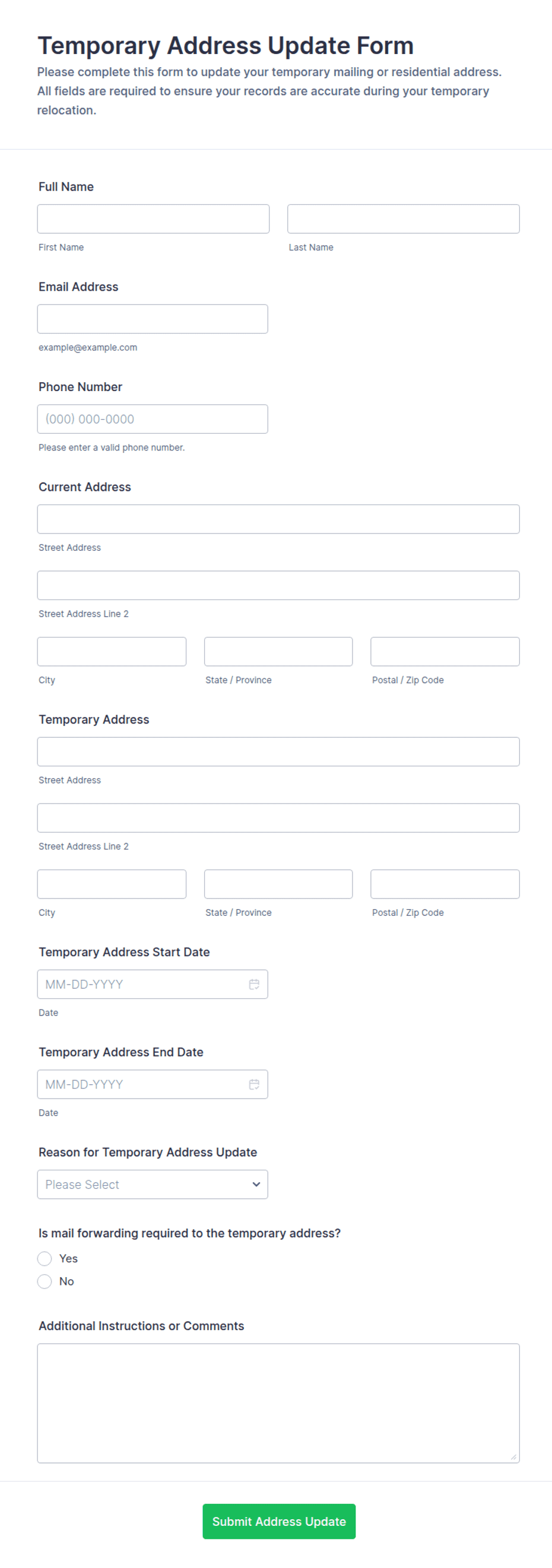 Temporary Address Update Form Template | Jotform