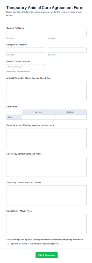 Temporary Animal Care Agreement Form Template