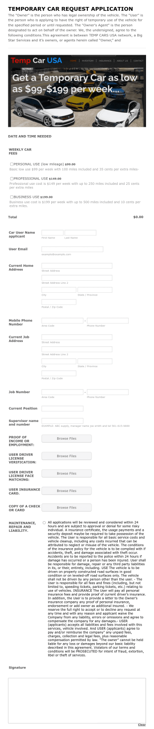 Temporary Car Use Application Form Template