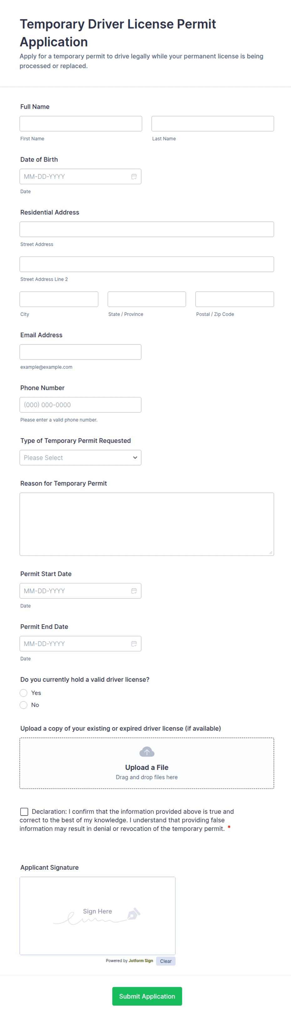 Temporary Driver License Permit Application Form Template | Jotform
