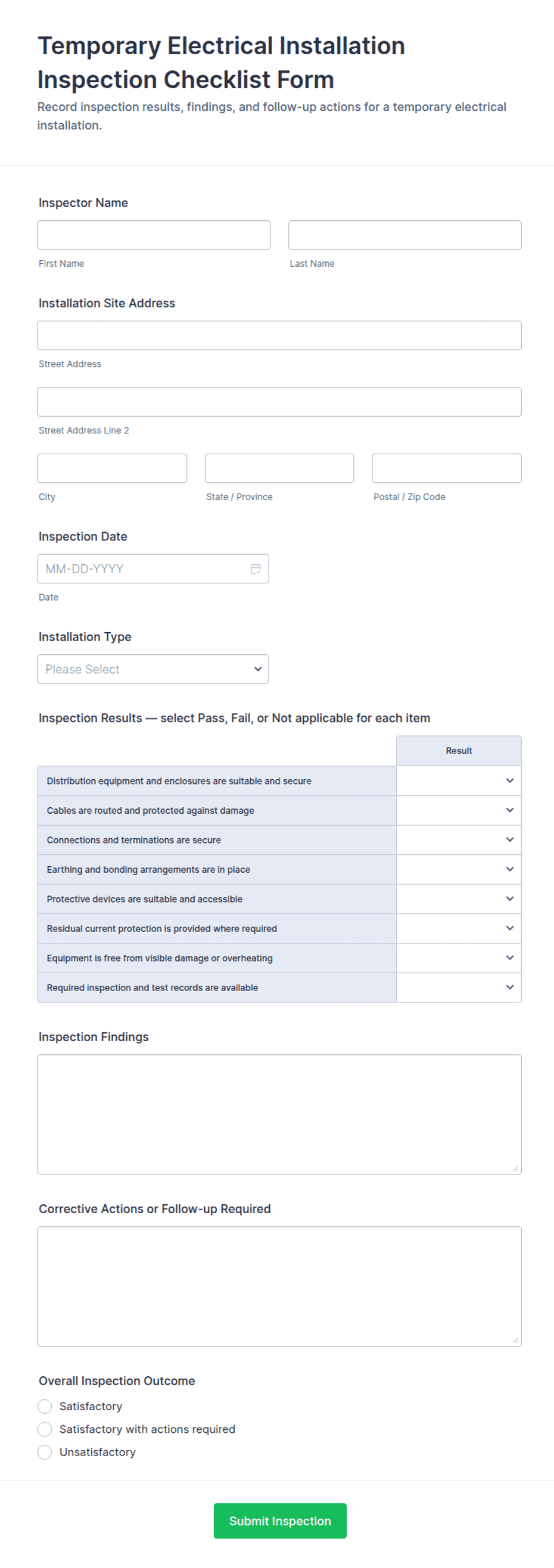 Temporary Electrical Installation Inspection Checklist Form Template ...
