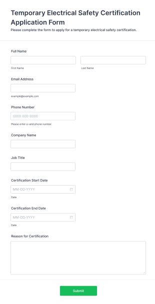 Temporary Electrical Safety Certification Application Form Template