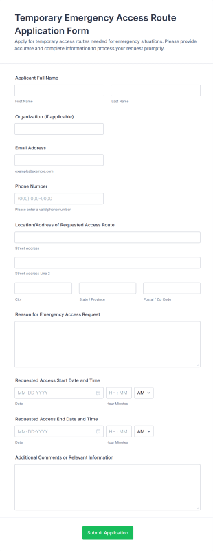Temporary Emergency Access Route Application Form Form Template