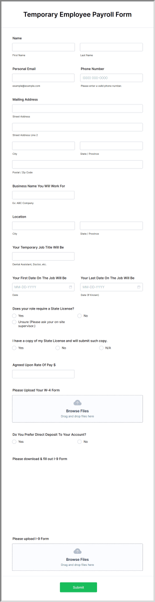 Temporary Employee Payroll Form Template