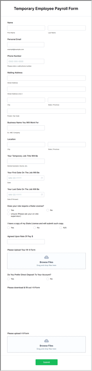 Temporary Employee Payroll Form Template