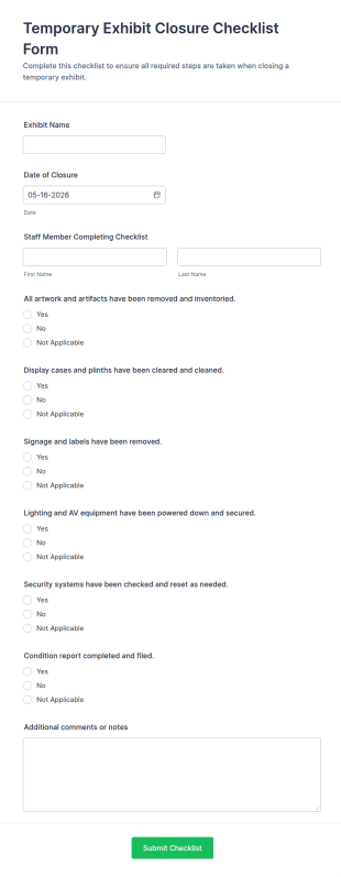 Temporary Exhibit Closure Checklist Form Template