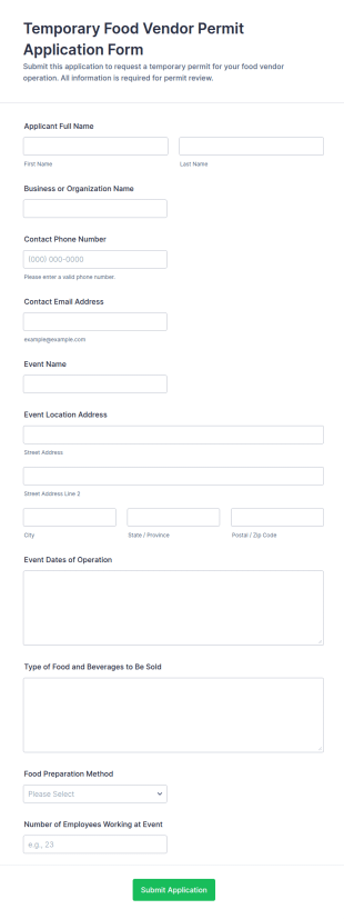 Temporary Food Vendor Permit Application Form Template