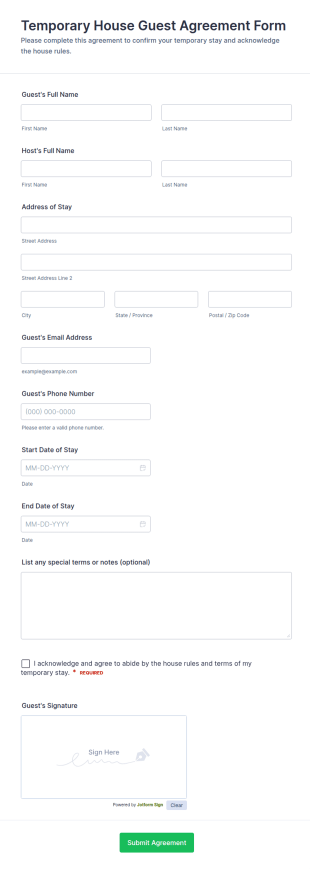 Temporary House Guest Agreement Form Template