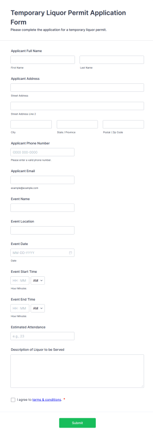 Temporary Liquor Permit Application Form Template