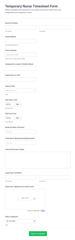 Temporary Nurse Timesheet Form Template