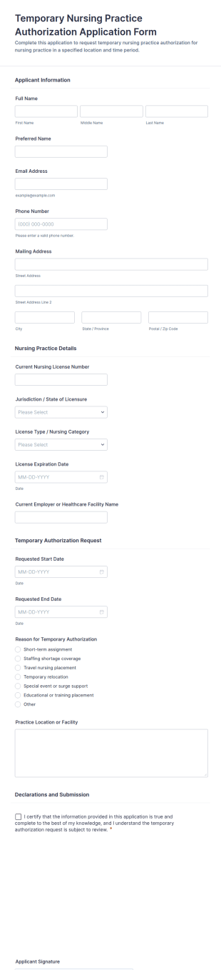Temporary Nursing Practice Authorization Application Form Template
