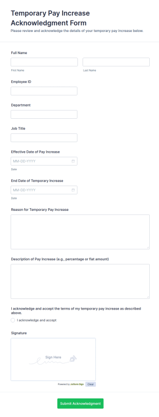 Temporary Pay Increase Acknowledgment Form Template