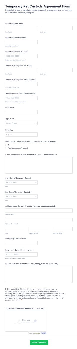 Temporary Pet Custody Agreement Form Template
