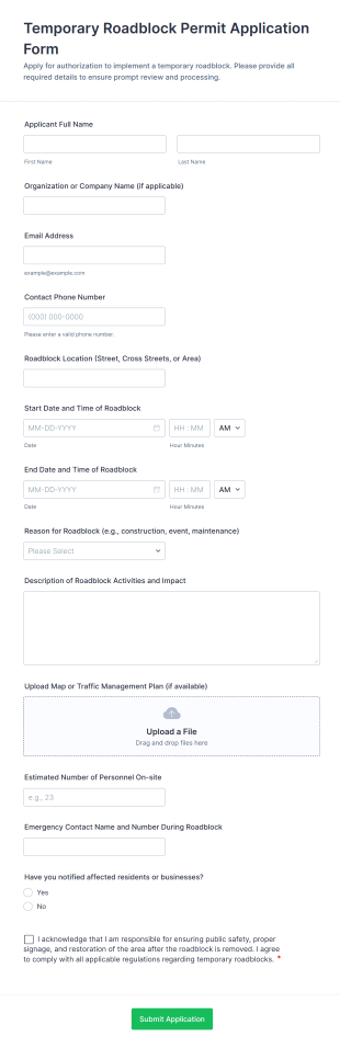 Temporary Roadblock Permit Application Form Template
