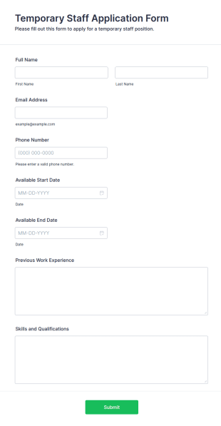 Temporary Staff Application Form Template
