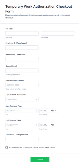 Temporary Work Authorization Checkout Form Template