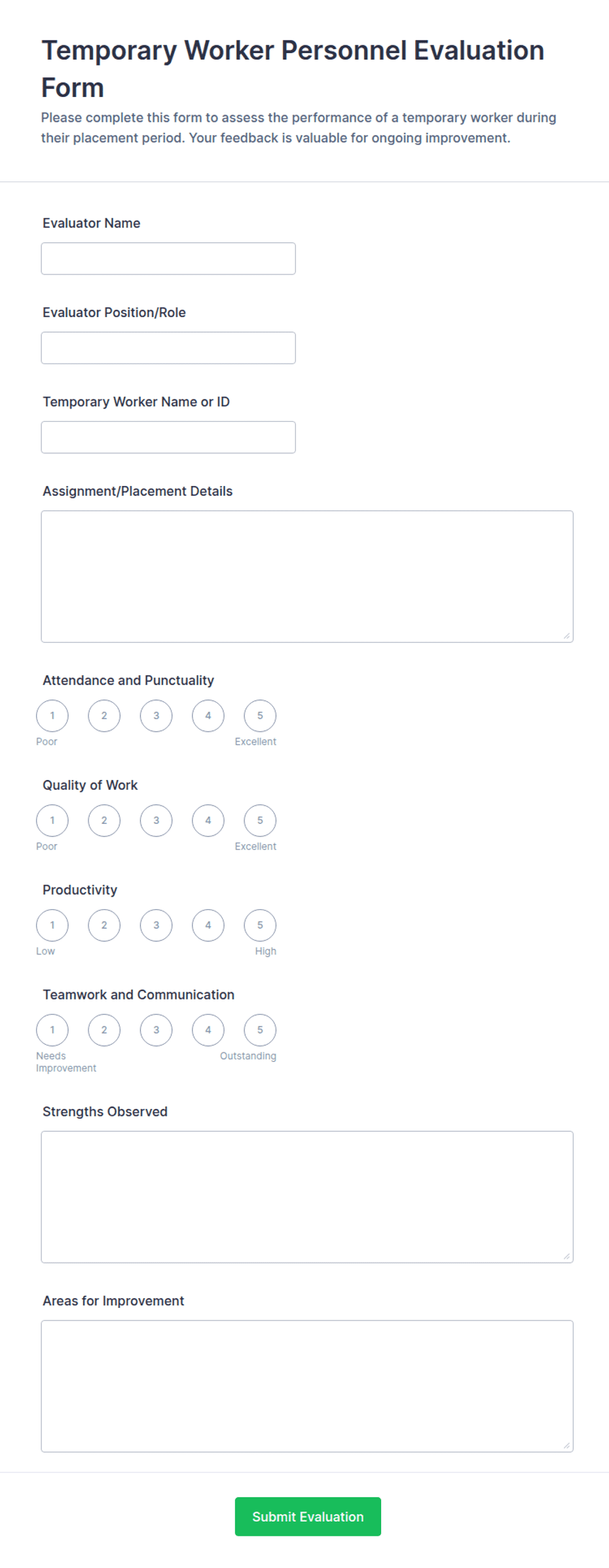 Temporary Worker Personnel Evaluation Form Template | Jotform