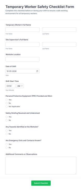 Temporary Worker Safety Checklist Form Template