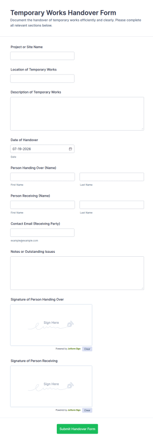 Temporary Works Handover Form Template