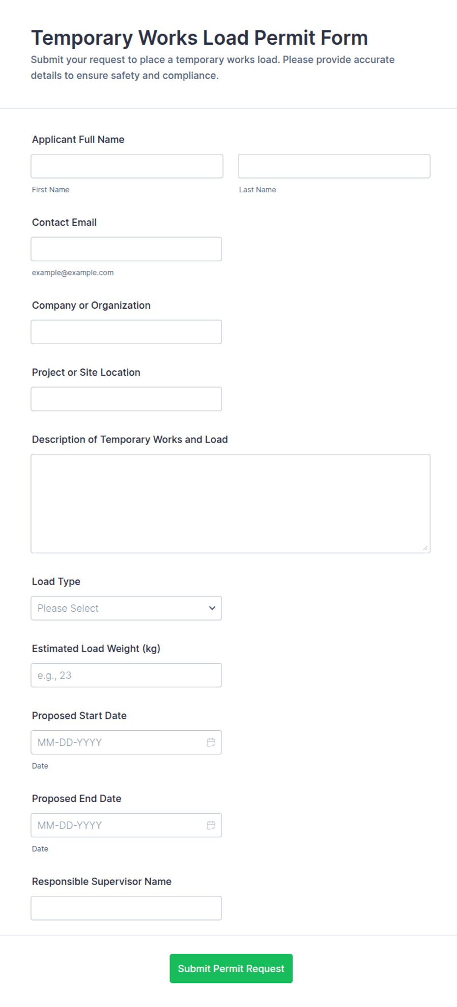 Temporary Works Load Permit Form Template | Jotform