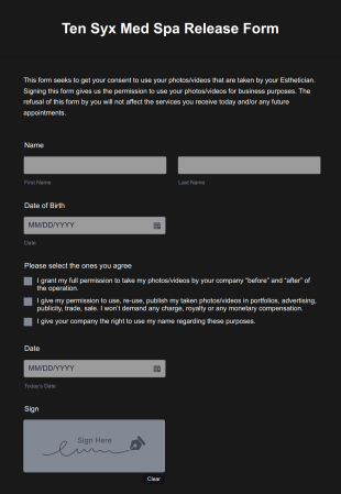 Ten Syx Med Spa Release Form Template