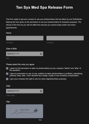 Ten Syx Med Spa Release Form Template