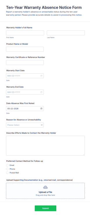 Ten Year Warranty Absence Notice Form Template