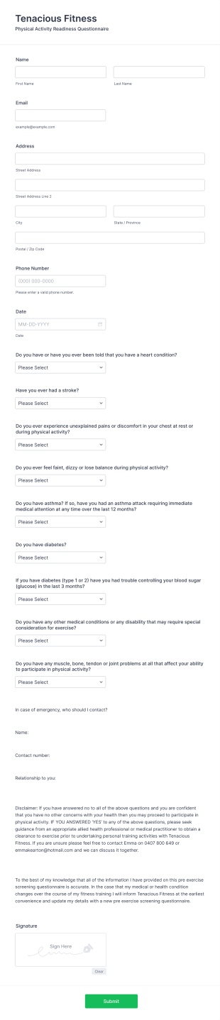 Tenacious Fitness Boot Camp PARQ Form Template