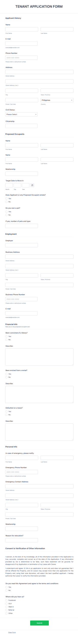 Tenant Application Form Template