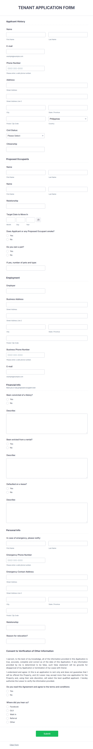 Tenant Application Form Template