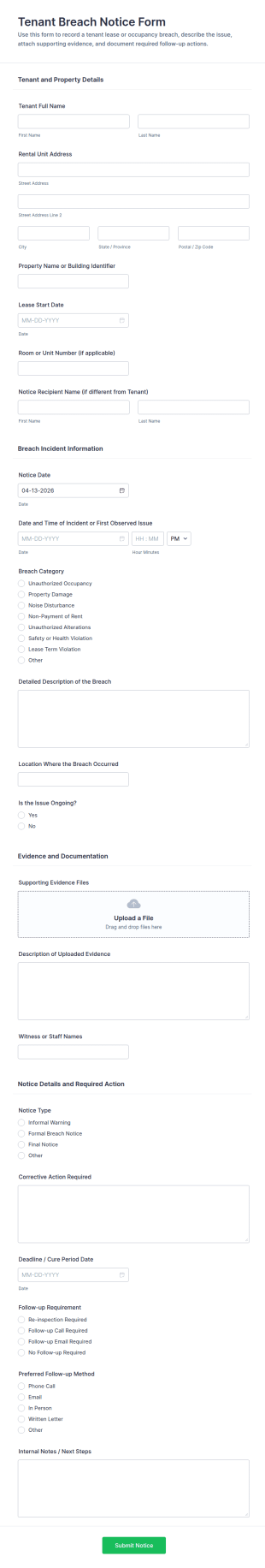 Tenant Breach Notice Form Template
