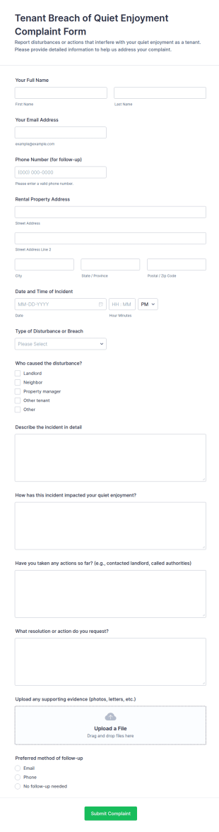 Tenant Breach Of Quiet Enjoyment Complaint Form Template