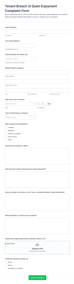 Tenant Breach Of Quiet Enjoyment Complaint Form Template