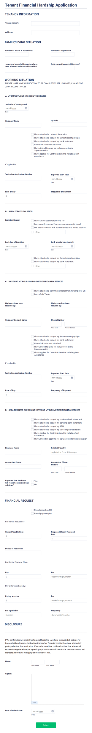 Tenant Financial Hardship Application Form Template